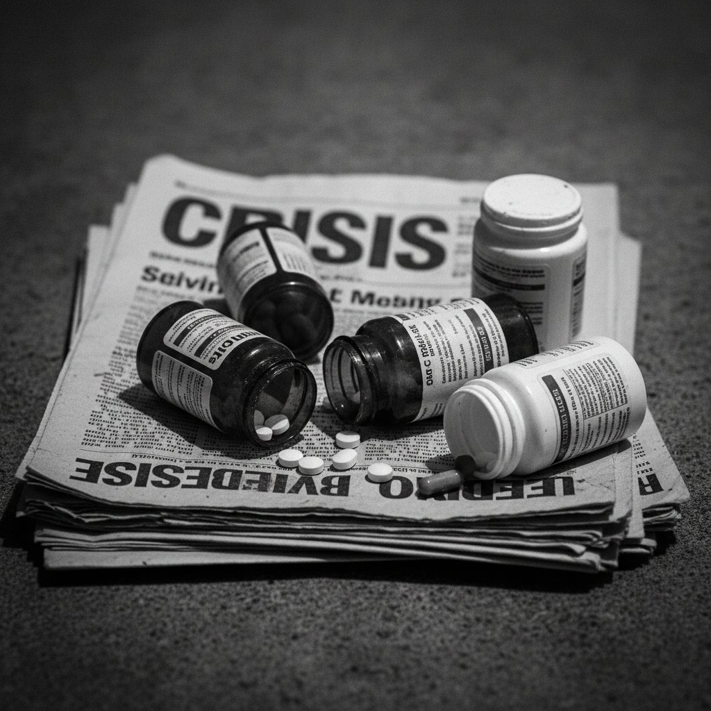 Kolaż nagłówków prasowych i butelek leków, styl surowy, temat skutków ubocznych w mediach