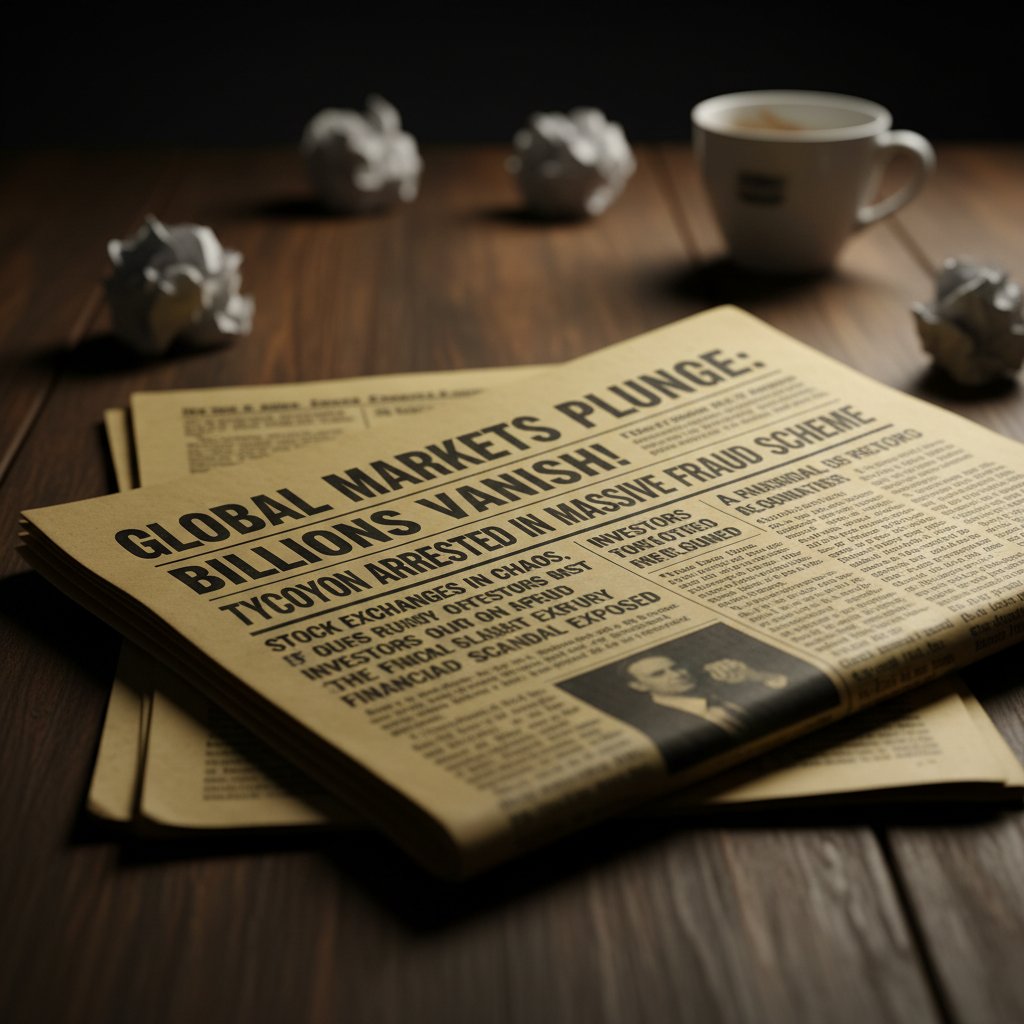 Newspaper headlines showing stock crash and scandal with a fallen chart, highlighting impact of financial data errors