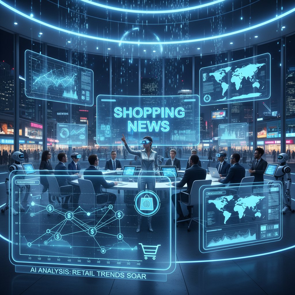 Redakcja pracująca nad wiadomościami zakupowymi, ekrany z analizami AI w tle