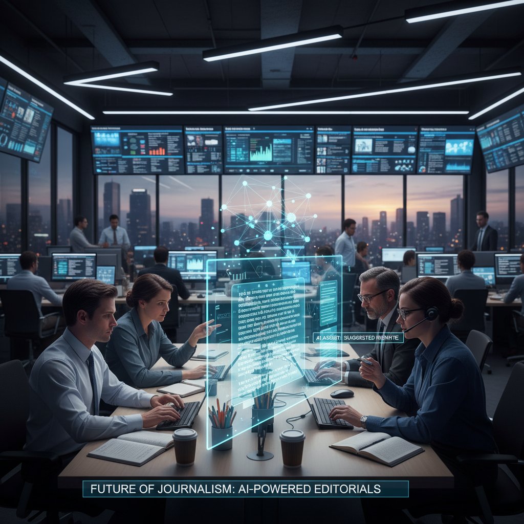 Zdjęcie newsroomu z redaktorami analizującymi treści AI