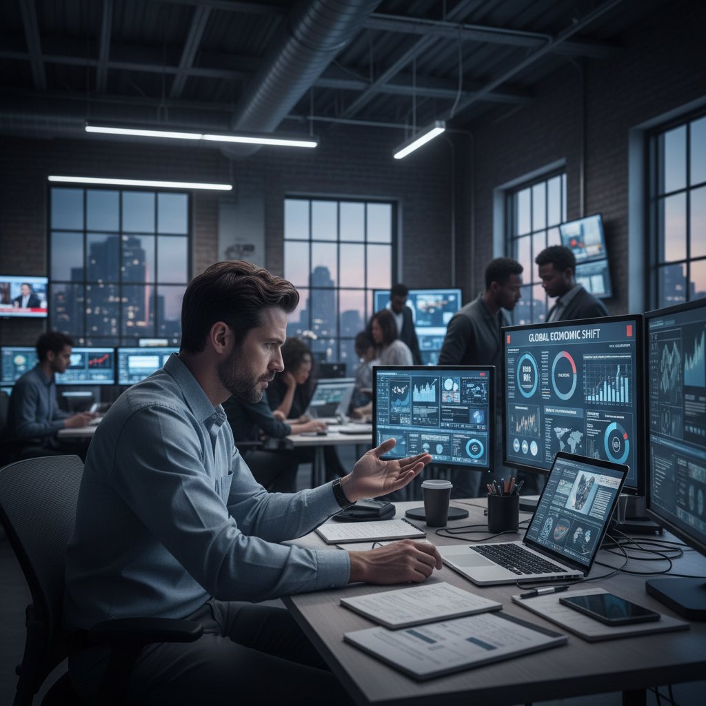 Redaktor w newsroomie analizujący krytyczne newsy na kilku monitorach