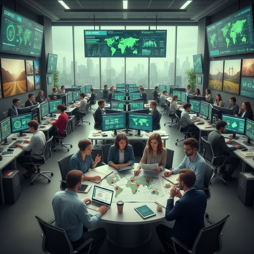 Redakcja portalu newsowego analizująca doniesienia ekologiczne na ekranach komputerów