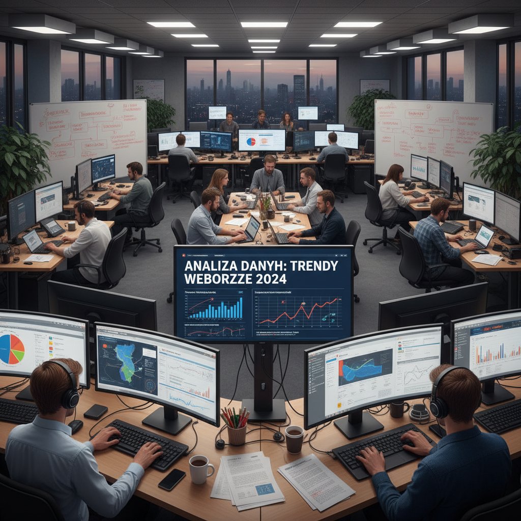 Redakcja prasowa z monitorami, polskie teksty i wykresy na ekranach