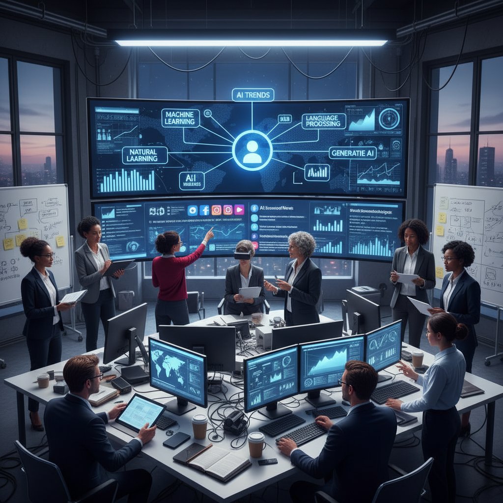 Nowoczesny newsroom z zespołem ludzi i ekranami analizującymi trendy AI w social media