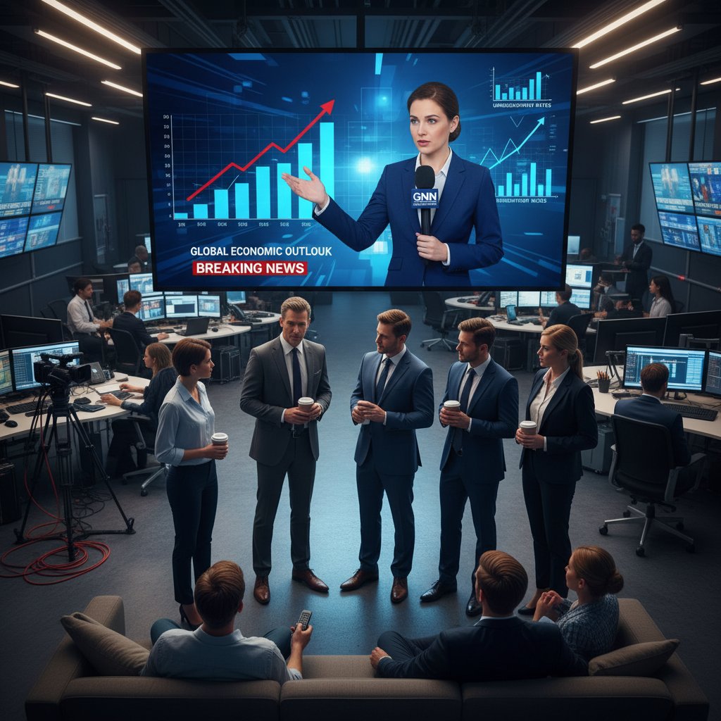 Zdjęcie newsroomu telewizyjnego, dziennikarz prezentuje alarmujące statystyki, ludzie oglądają TV w domach