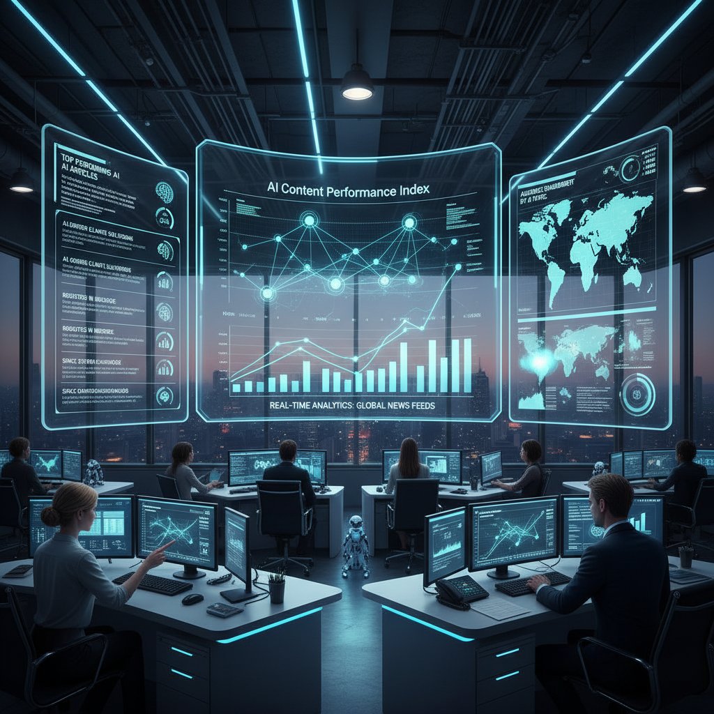 Busy newsroom tracking analytics on large digital displays showing AI-driven content performance