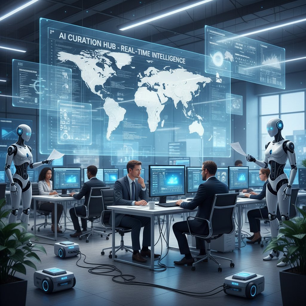 Human journalists and AI systems collaborating in a newsroom, artificial intelligence news curation