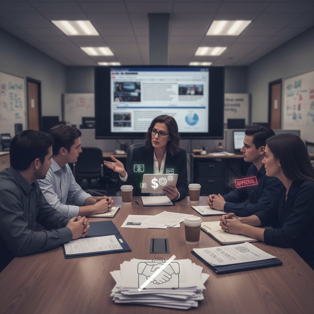 Spotkanie redaktorów lokalnego portalu informacyjnego – symbolizujące gry interesów