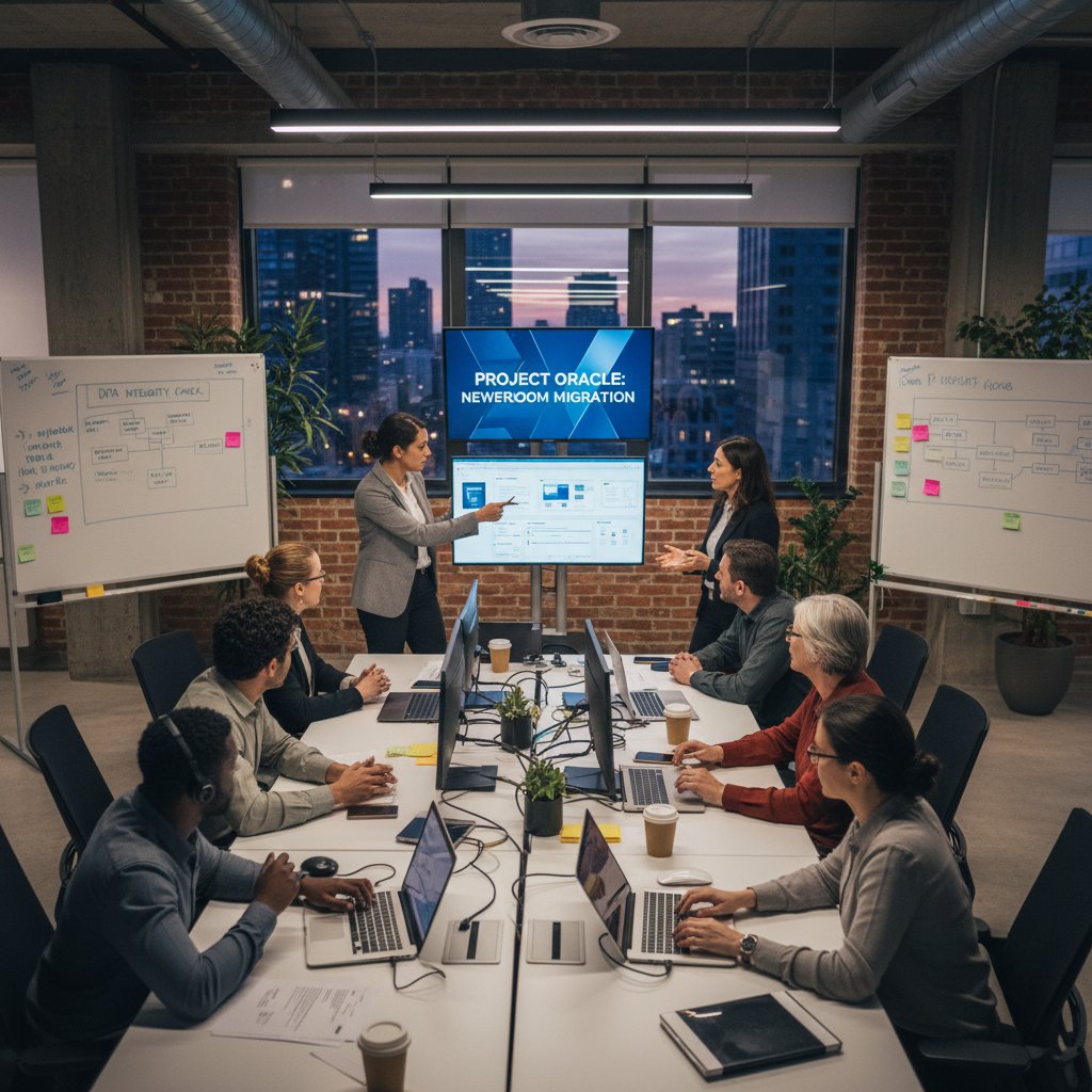 Newsroom team coordinating software migration, behind-the-scenes war room, sticky notes, laptops everywhere