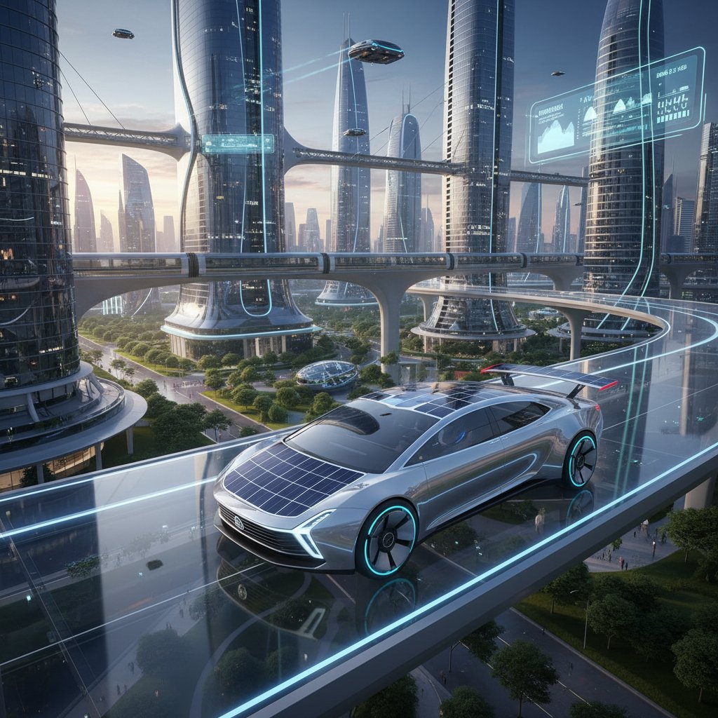 Cutting-edge hybrid with solar panels on roof, futuristic city background