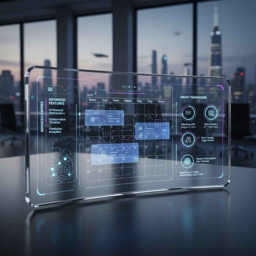 Next-gen schedule manager interface with advanced features, smart reminders, and collaborative tools in a sleek futuristic UI
