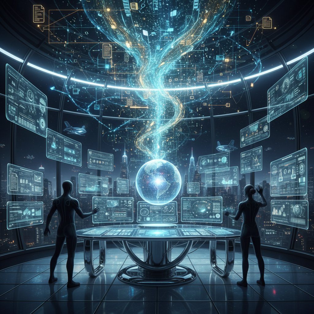 Next-generation document indexing technologies, futuristic control room with holographic data streams, AI document analysis, digital transformation