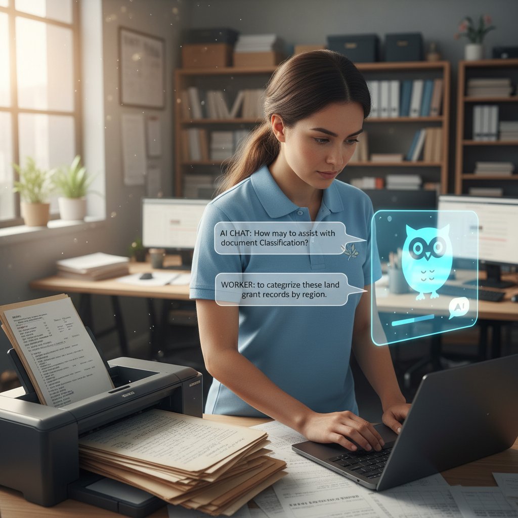 Pracownik NGO digitalizujący dokumenty z chatbotem w biurze