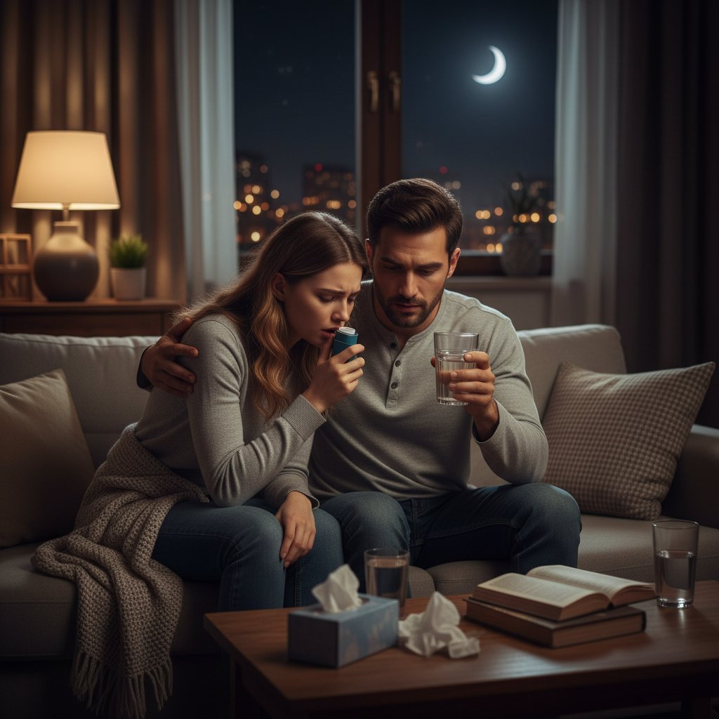 Ekstremalny atak astmy w środku nocy, osoba wspierana przez bliskiego