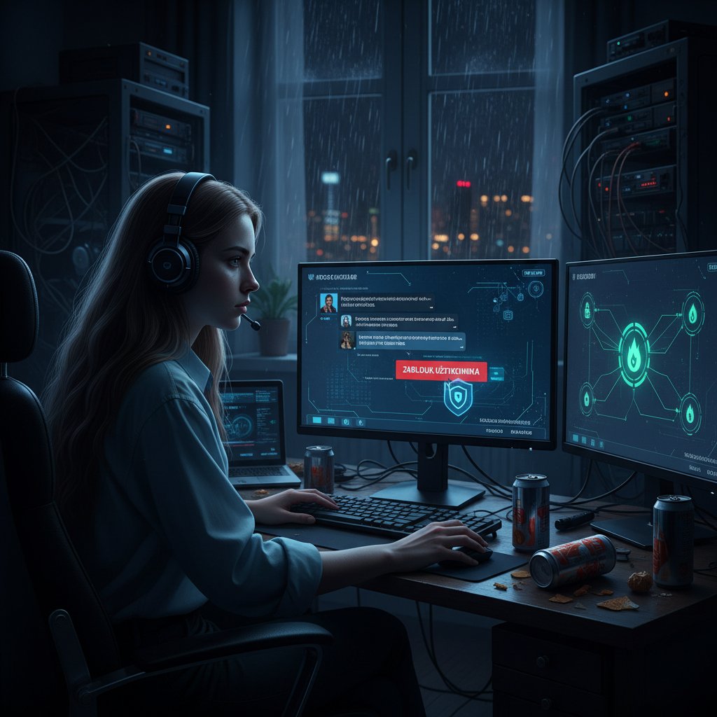 Wieczorny ekran z powiadomieniem o blokadzie użytkownika na czacie, symbolizujący bezpieczeństwo rozmów online