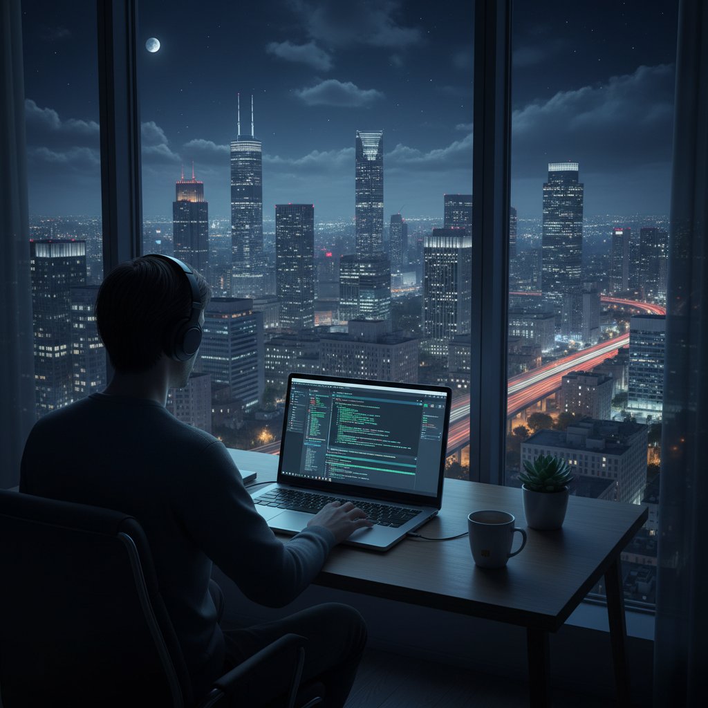 Osoba siedząca nocą w pokoju przy laptopie, światło monitora oświetla twarz, klimat miejski, wsparcie natychmiastowe