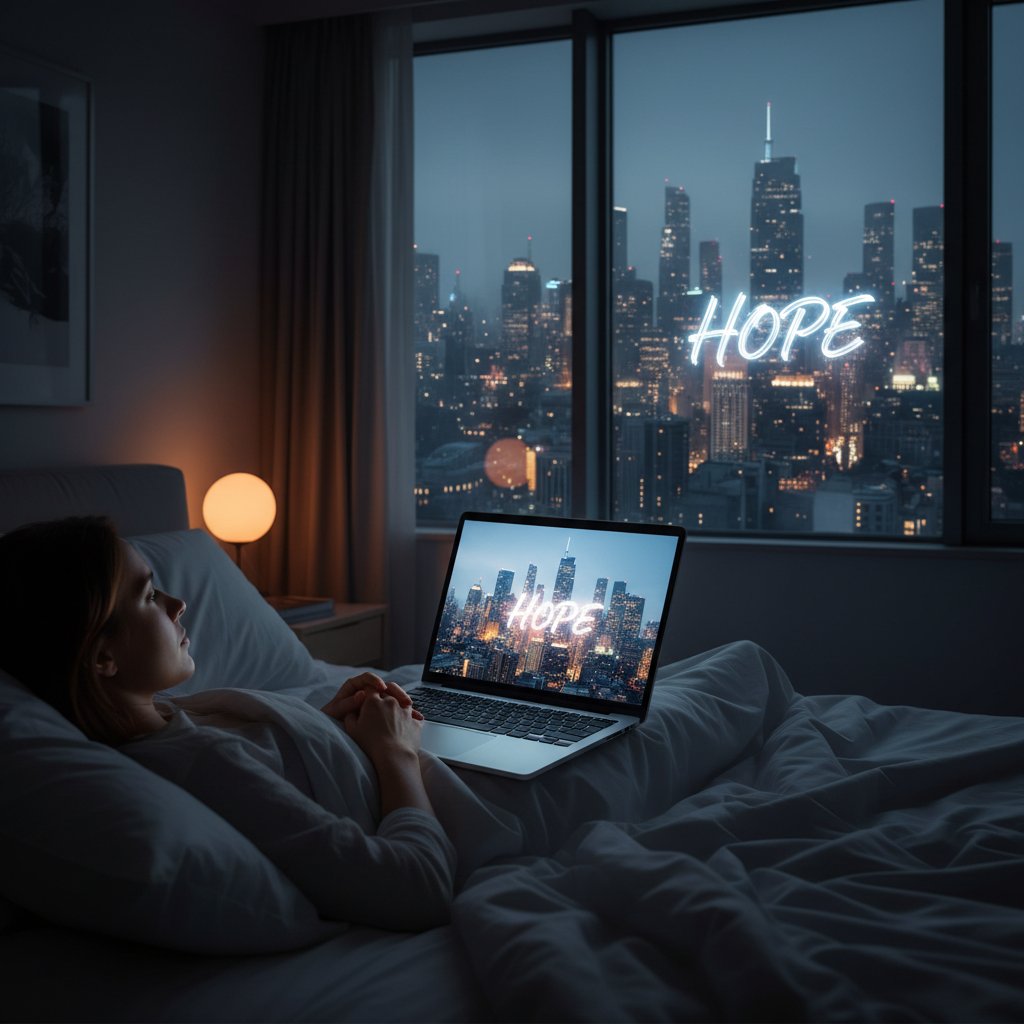Młoda osoba siedzi na łóżku w nocy, światło laptopa oświetla twarz, przez okno widać miasto, klimat refleksji i nadziei