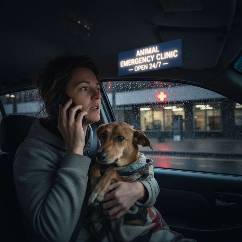 Noc, właścicielka biegnąca z psem do kliniki, telefon w dłoni, napięcie i determinacja