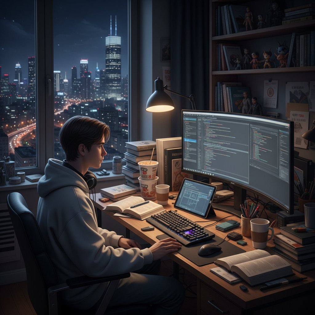 Zdjęcie młodej osoby przy biurku pełnym papierów, światło laptopa, noc, chaos, ADHD