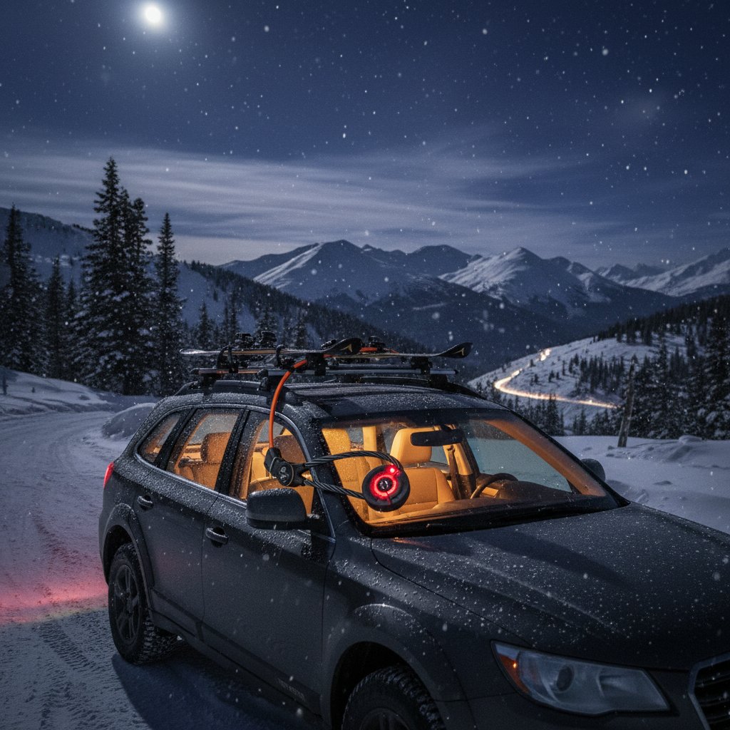 Ski rack with visible anti-theft lock at night, car under a streetlight, highlighting ski rack cars security