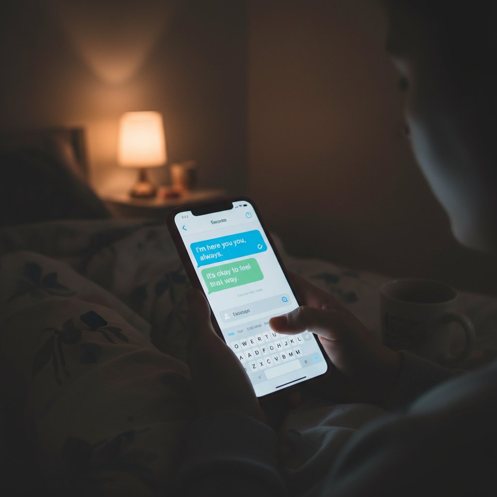 Zdjęcie telefonu z czatem wsparcia nocą, światło ekranu podkreślające atmosferę zmartwienia