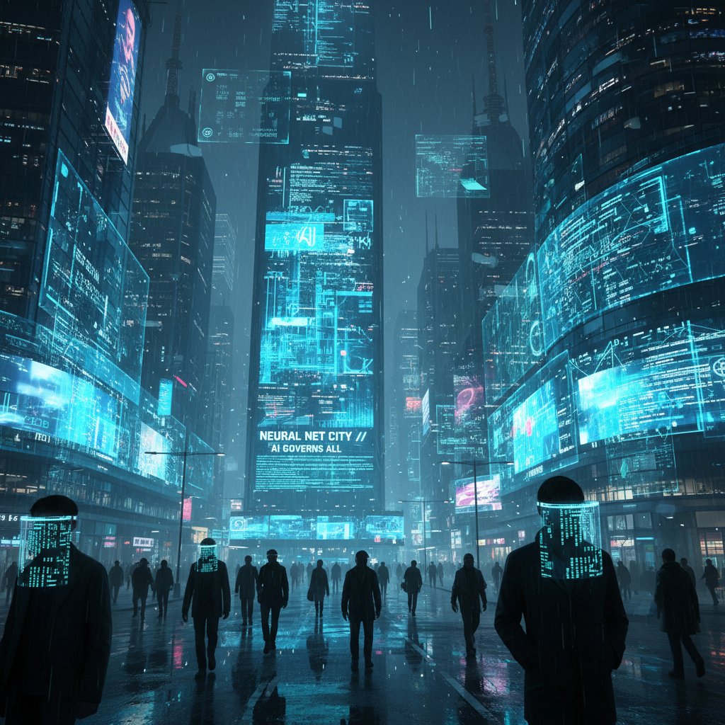 Miasto nocą, ludzie idący wśród świetlistych ekranów z kodem AI