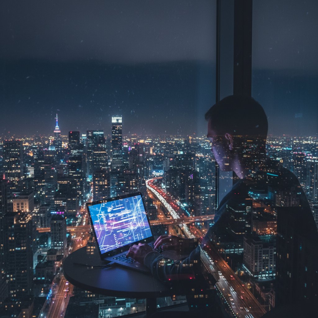 Nocne miasto oświetlone światłami, osoba zamyślona przy oknie z laptopem