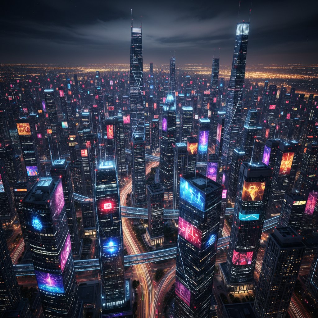 Widok z lotu ptaka na nocne miasto z tysiącami świecących ekranów w mieszkaniach