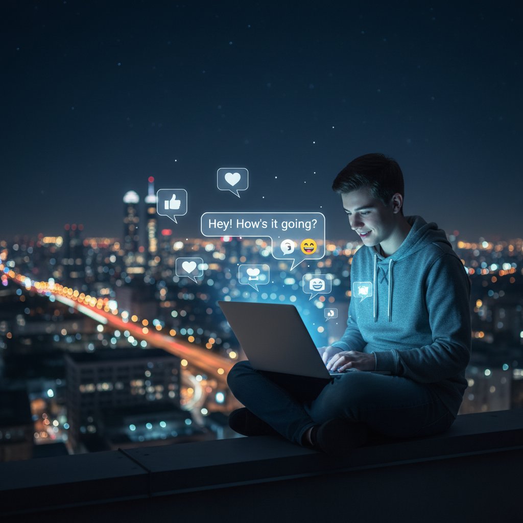 Nocna scena młodych ludzi przy laptopie, rozmowa na nudę online, miasto, ciemna atmosfera