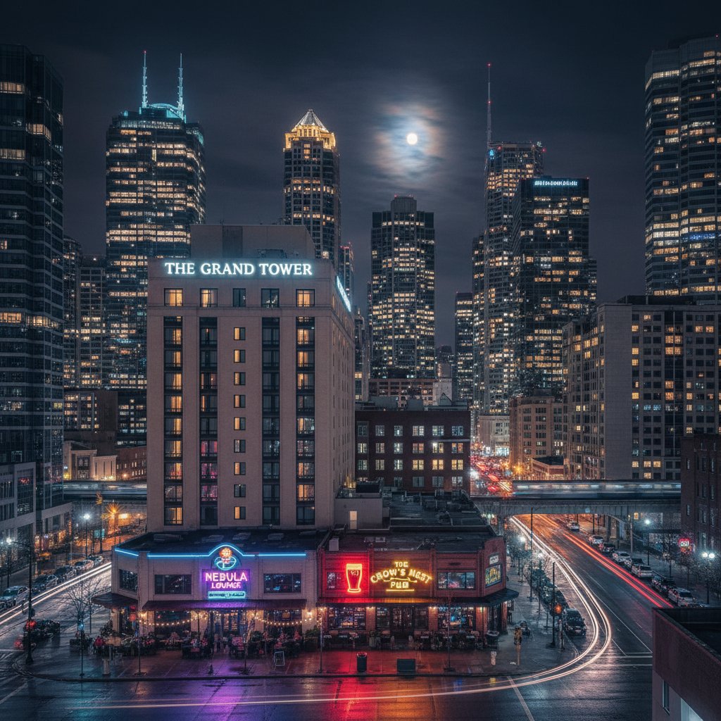 Widok na nocne miasto z neonowymi barami i hotelami – noclegi blisko barów w centrum miasta