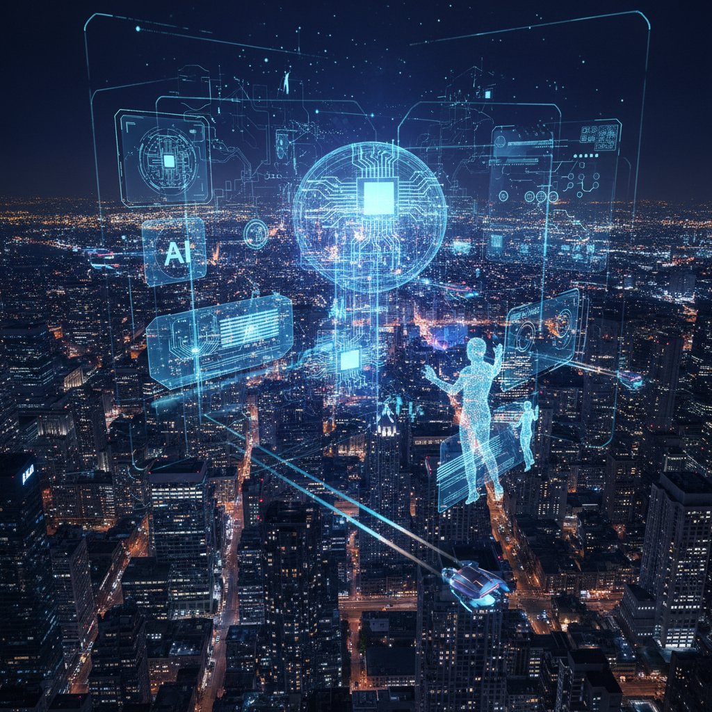 Nocna panorama miasta z cyfrowymi elementami symbolizującymi przyszłość AI w codziennym życiu, futurystyczny klimat, wysokokontrastowa scena