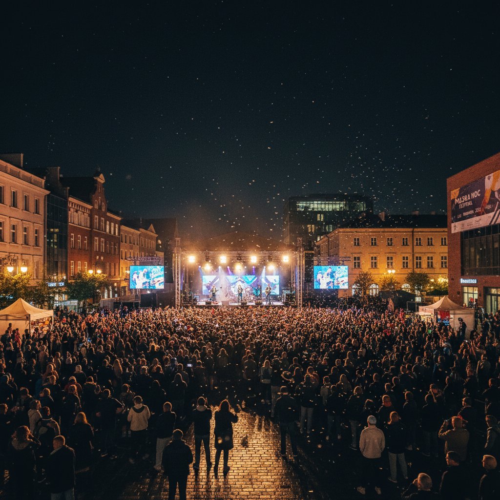 Tłum młodych ludzi na nocnym wydarzeniu plenerowym w polskim mieście, dynamiczne światło i miejski klimat