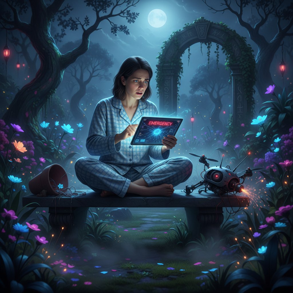 Użytkownik korzysta z AI w środku nocy w ogrodzie, scena nocna, piżama, telefon