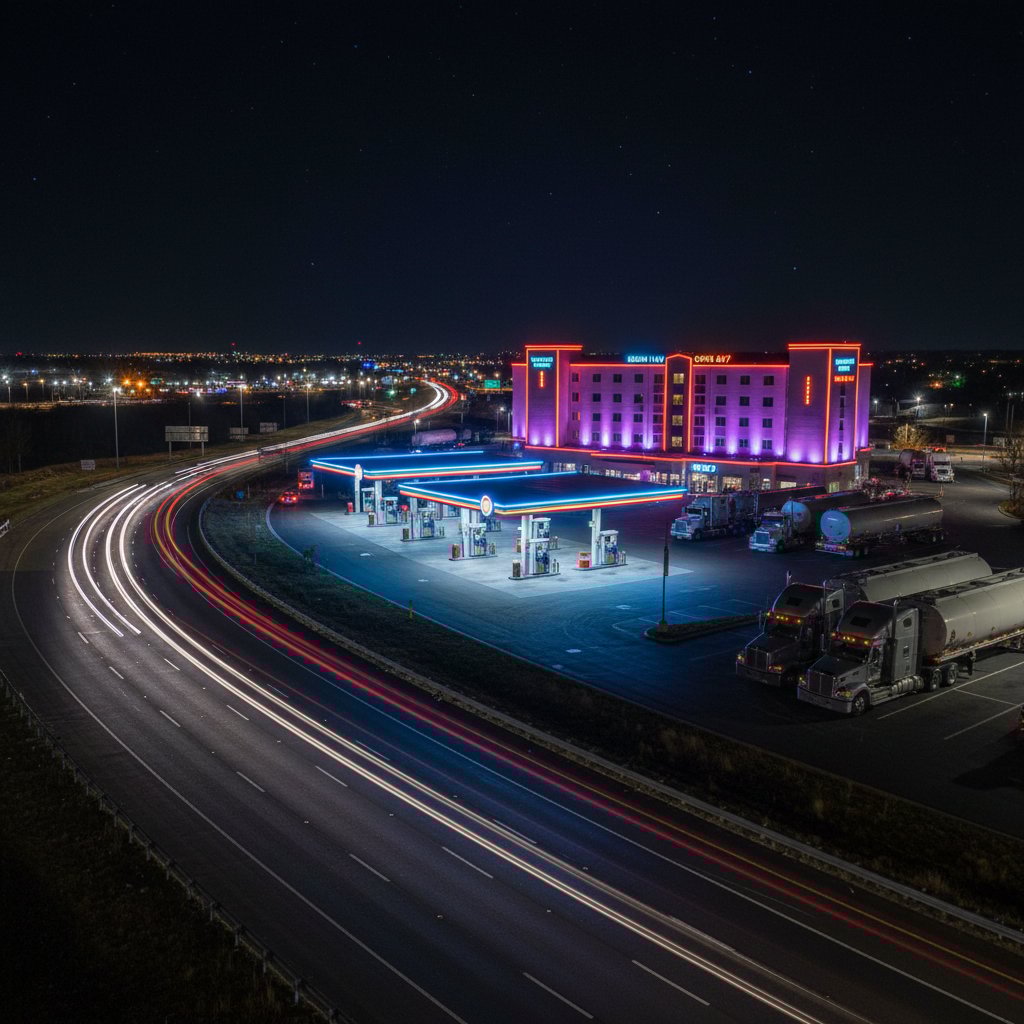 Widok hotelu przy stacji benzynowej nocą, z neonami i zaparkowanymi ciężarówkami – typowy hotel stacja benzynowa