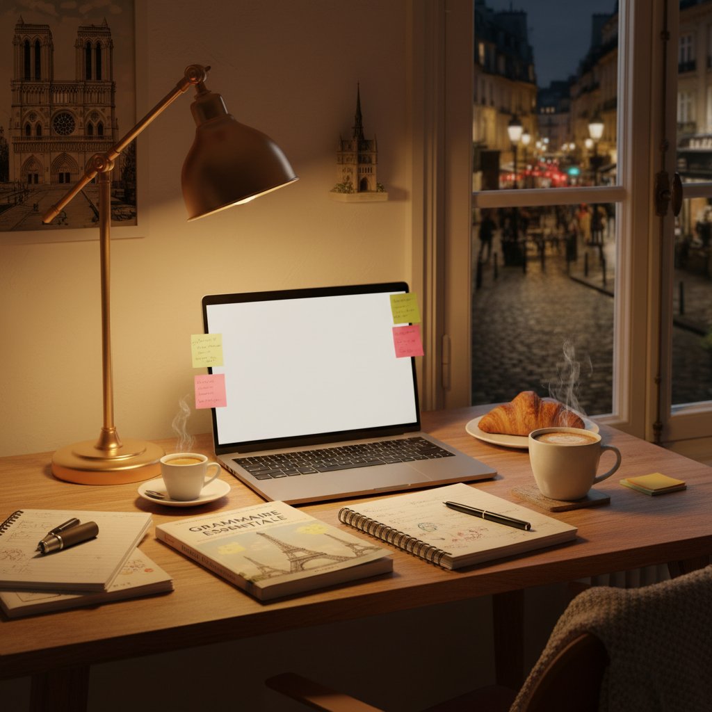 Nocna nauka francuskiego przez komputer w domowym biurze z notatkami i kawą