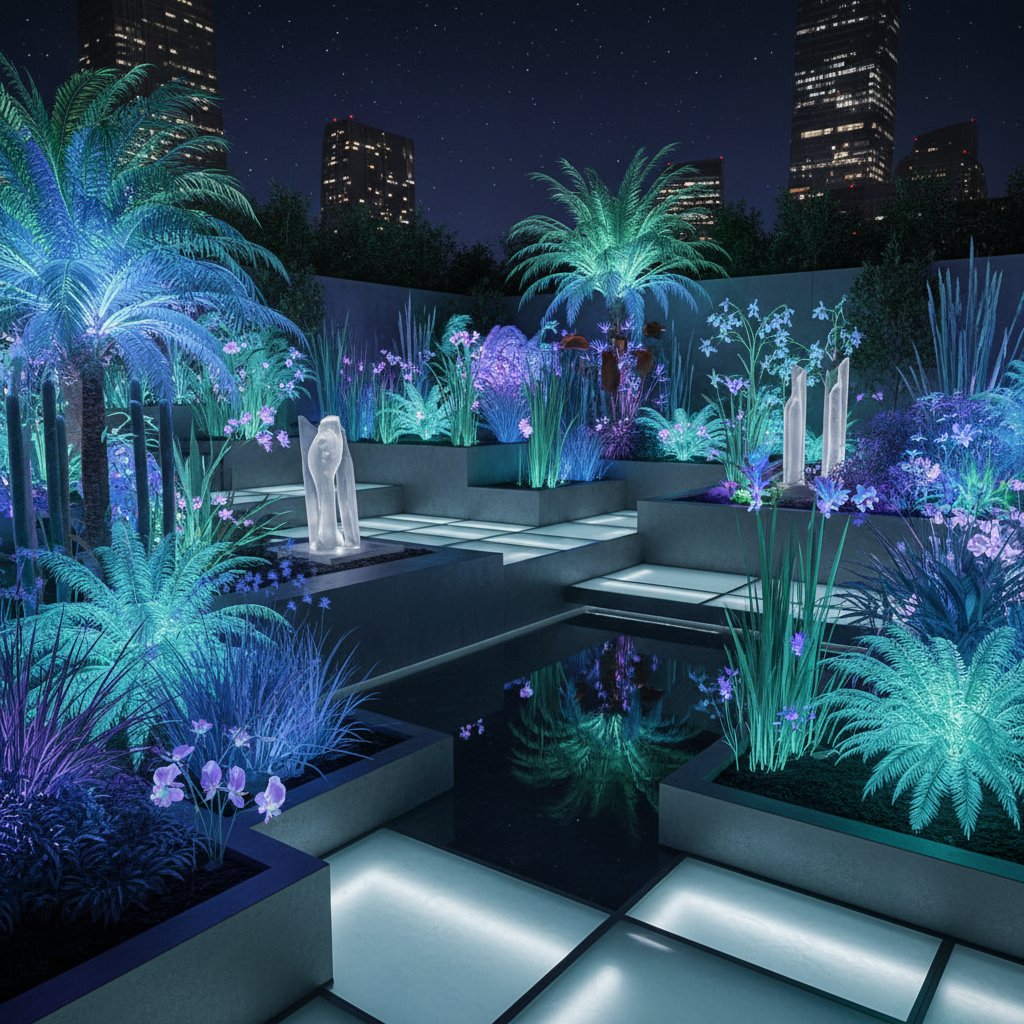 Rośliny efektowne w świetle nocnym w nowoczesnym ogrodzie