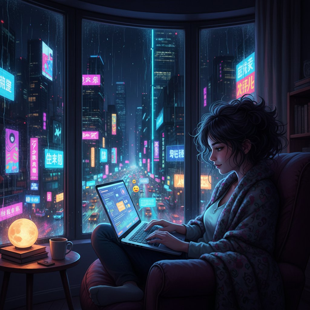 Nocna scena: młoda osoba rozmawia online przy biurku, w tle miasto oświetlone neonami