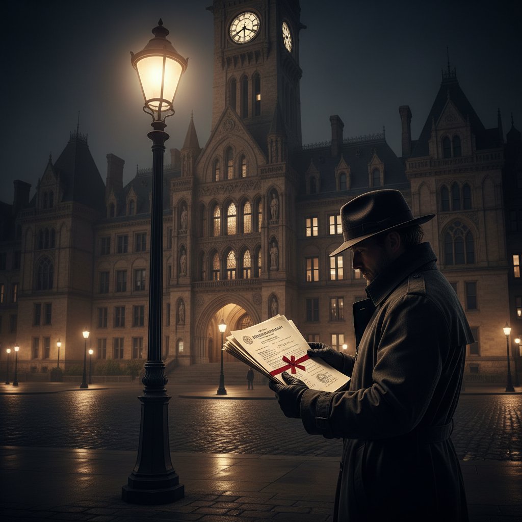 Osoba przed monumentalnym budynkiem urzędu, noc, uliczne światła, dokumenty w ręku, klimat tajemnicy i niepokoju, wyszukiwanie informacji urzędowych