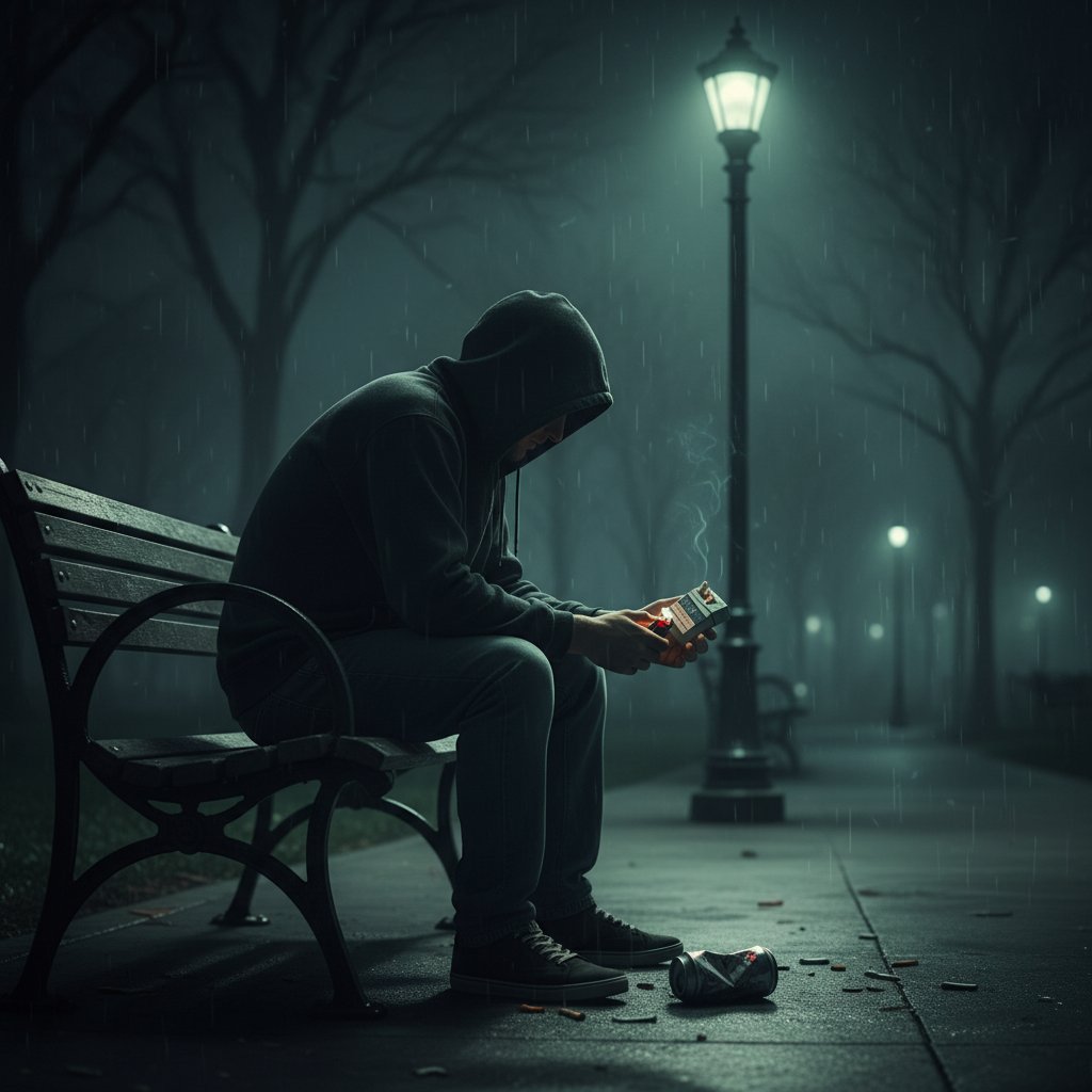 Nocny portret osoby siedzącej samotnie na ławce, zamyślonej, słowa kluczowe: doświadczenie uzależnienia, samotność, narkomania