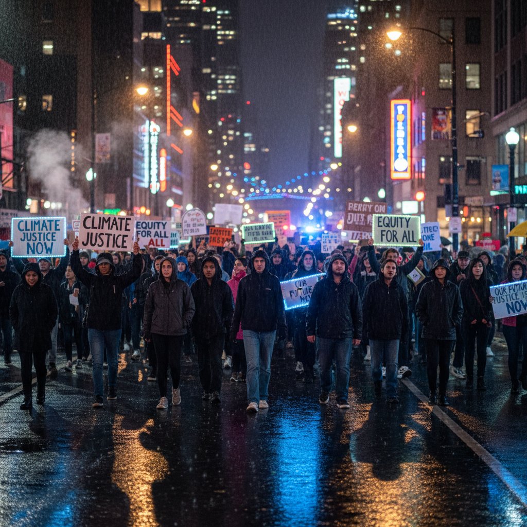 Nocny spacer protestacyjny w polskim mieście, tłum z transparentami pod światłami miasta