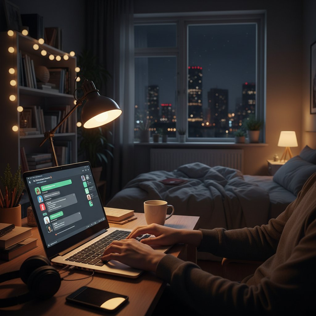 Zdjęcie: pokój w bloku, półmrok, laptop z chatem – nocna rozmowa