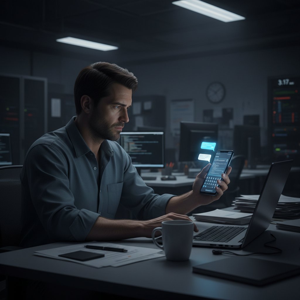 Mężczyzna na nocnej zmianie rozmawia z AI na smartfonie w pustym biurze