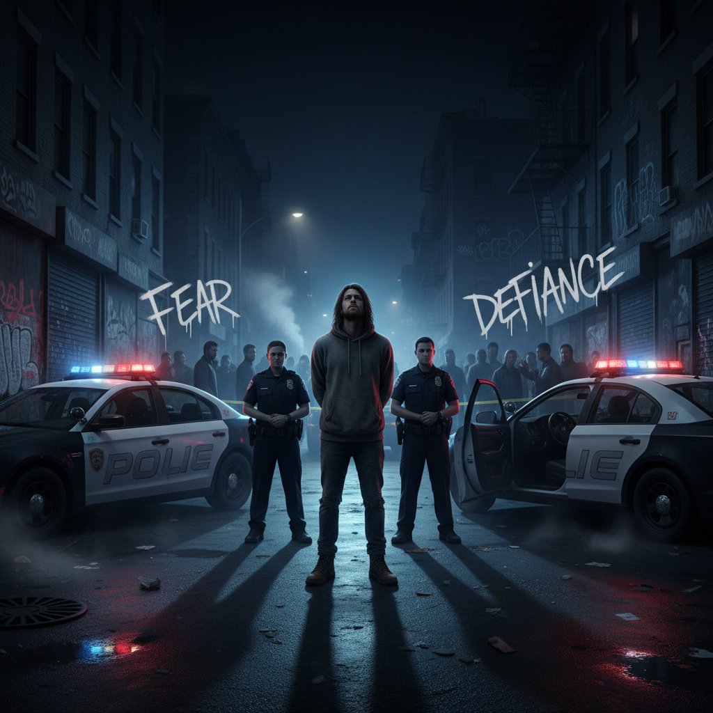 Scena nocna z zatrzymaniem, światła policyjne i wyraźne emocje zatrzymanego