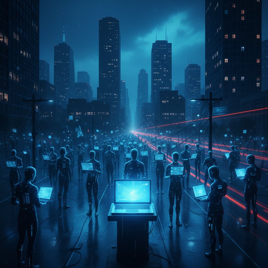 Osoba przy komputerze w nocy, z awatarami cyfrowymi odbijającymi się w oknie – obraz oddający immersję w chatgpt role playing