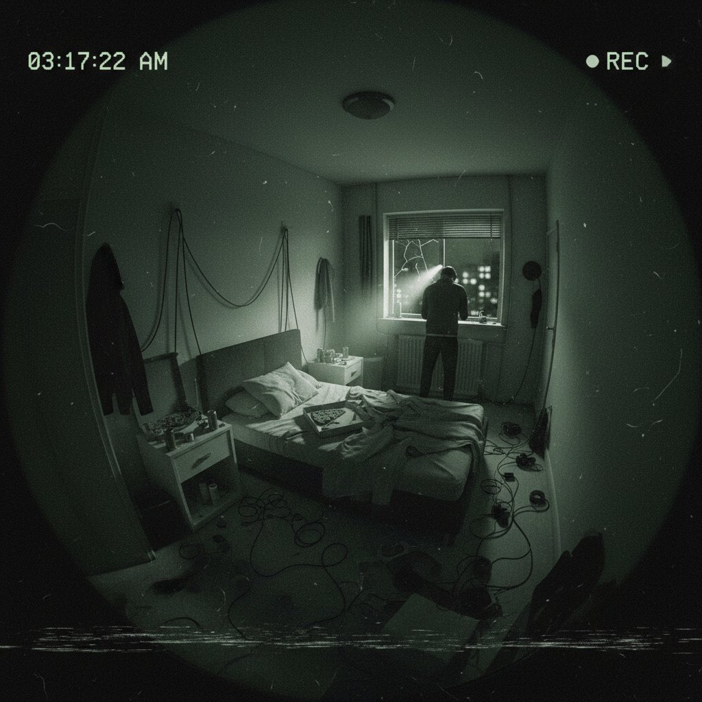 Night-vision shot of anxious characters in a crowded urban apartment, claustrophobic international found footage horror