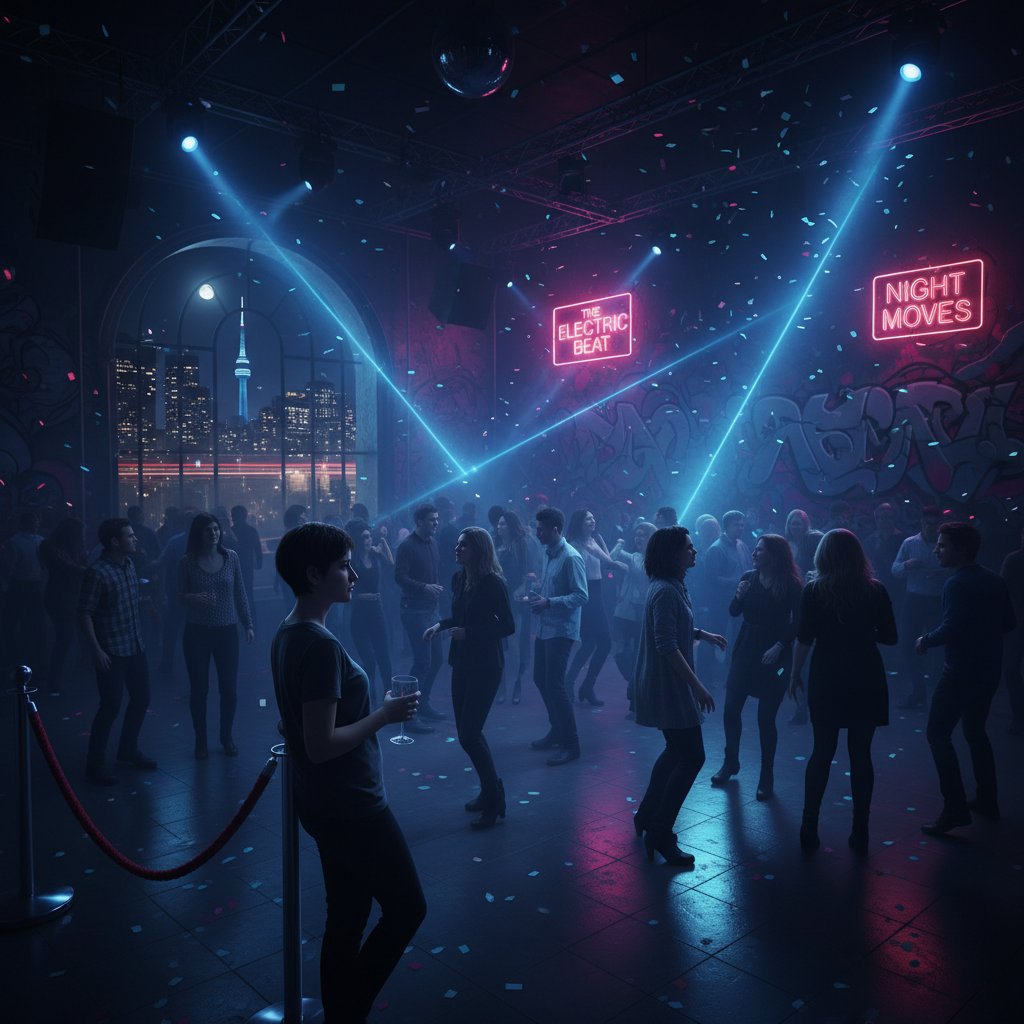 Grupa osób w klubie, jedna osoba siedzi z boku, wyraźnie wyobcowana, scena nocna w klubie