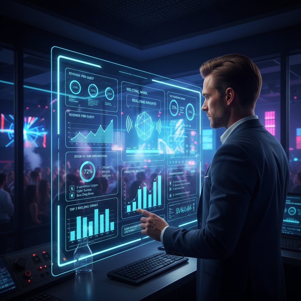 Klub nocny z managerem i ekranem pokazującym statystyki czatbota