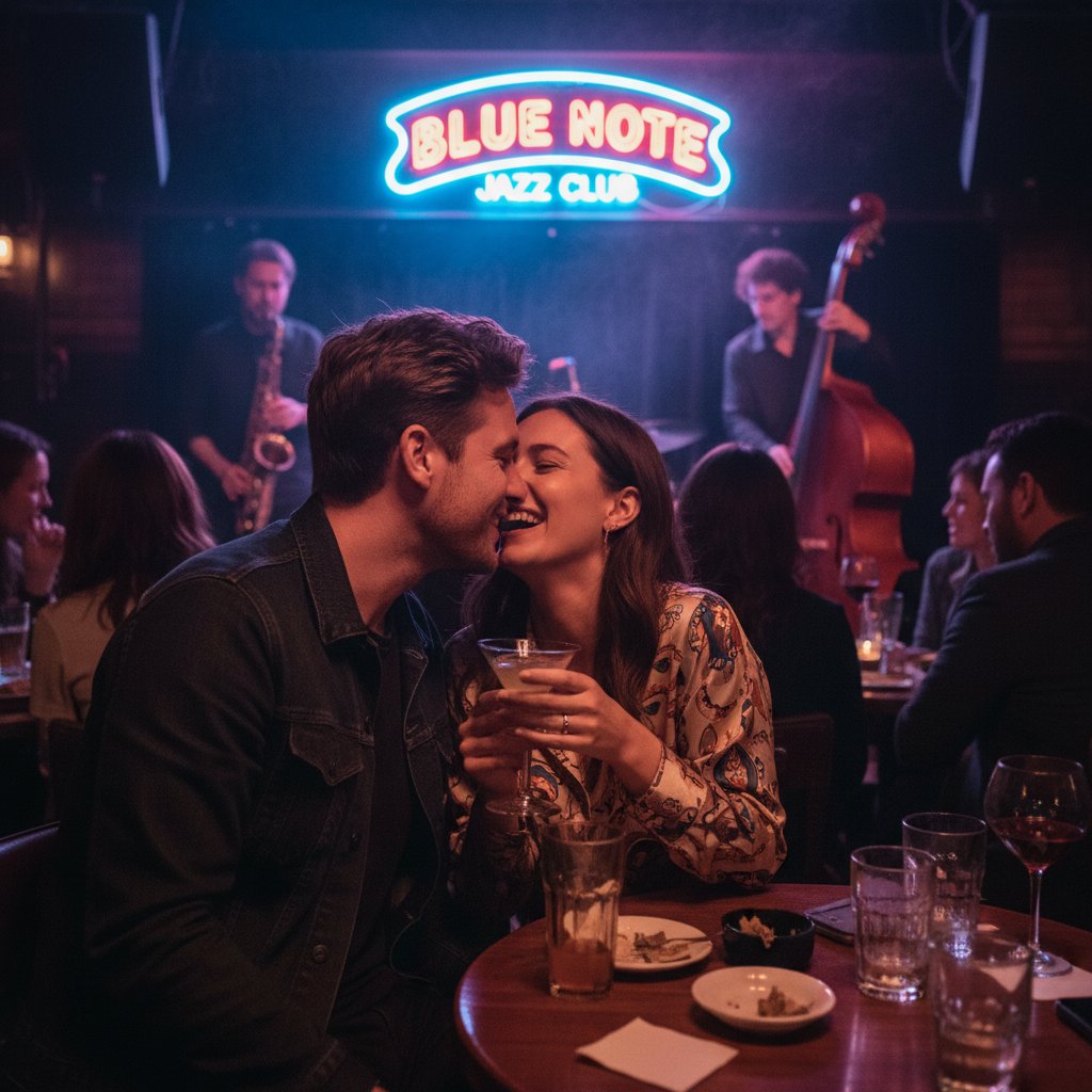 Para w klimatycznym jazz barze, neonowe światło, nocne życie dla par, intymny moment