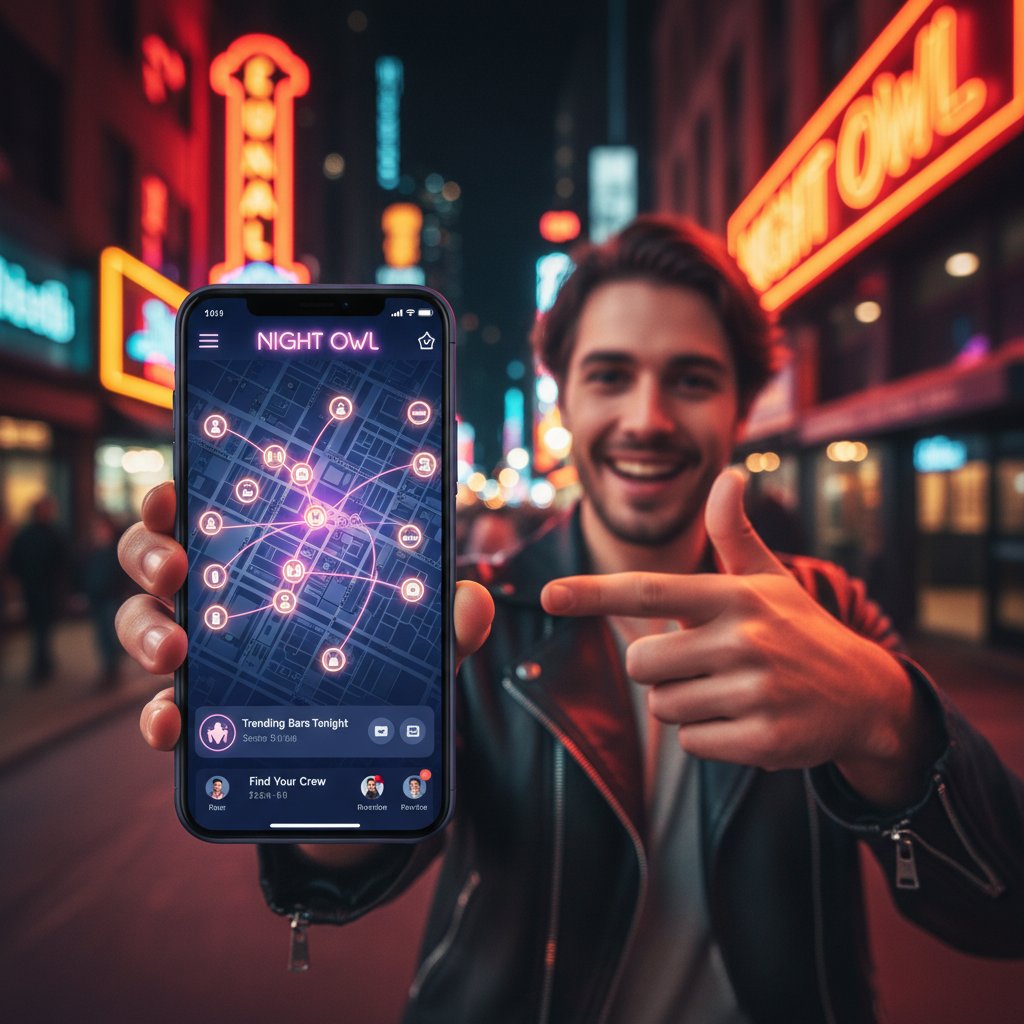 Osoba korzystająca z aplikacji na smartfonie, mapa nocnych lokali, dynamiczna nocna scena