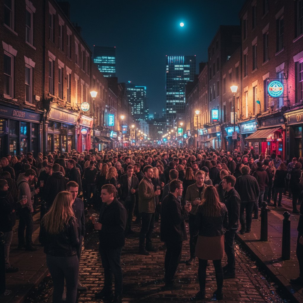 Barwny tłum na ulicy w alternatywnej dzielnicy miasta nocą – noclegi blisko barów i klubów
